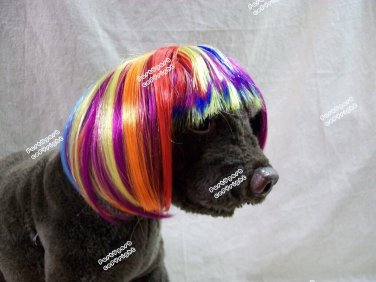 Cute Rainbow Multi Colored Short Bob Dog Costume Wig w/ Bangs Pride Pet Size M/L