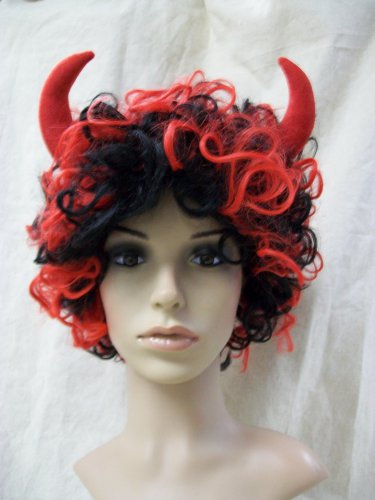Curly Devil Wig Horns Messy Curls Hot Stuff Demonia Imp Funky Disco Fro Devilish