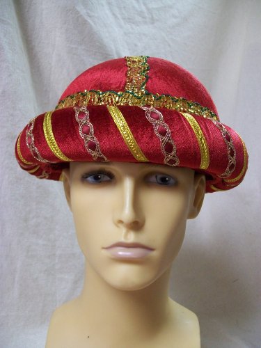 Red Sultan Costume Hat Cap Round Bowl Style Headpiece Desert Sheik Persian Royal