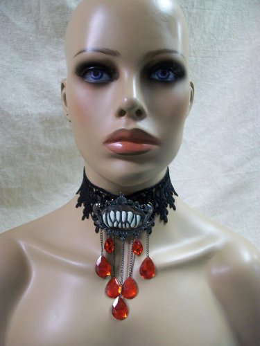 Gothic Black Vampire Choker Collar Fang Medallion Pin Victorian Steampunk Madame