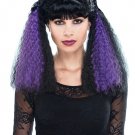 Back Purple Frizzy Crimped Ponytail Wig Parted Pigtails Bows Bangs Psycho Cheerleader