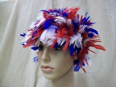 Red White & Blue Feather Wig Patriotic Fan America Clown USA Patriot Spirit 4th July