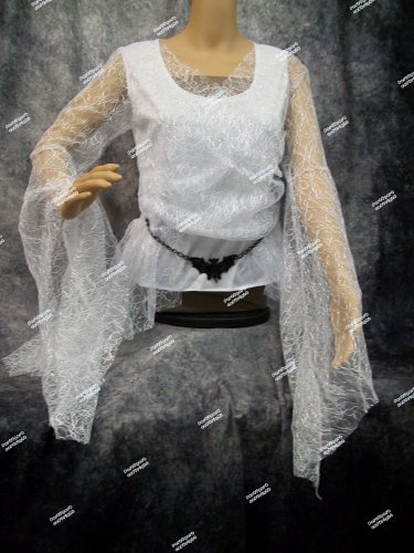 White Witch Top Bat Accent Lace Bell Sleeves Shirt Pirate Medieval Victorian Sorceress