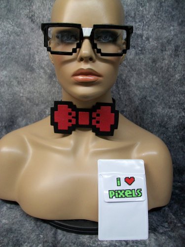 Pixel - 8 Nerd Costume Kit Taped Glasses Pocket Protector BowTie Cartoon Computer Tech Wizard Gamer