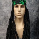 Hippie Bandana w/ Wig Long Curls Happy Leaf Printed Du Rag Cannabis Weed Funny Pot Head