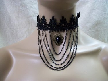 Gothic Black Crochet Choker Chains Medallion Pendant Victorian Steampunk Madame