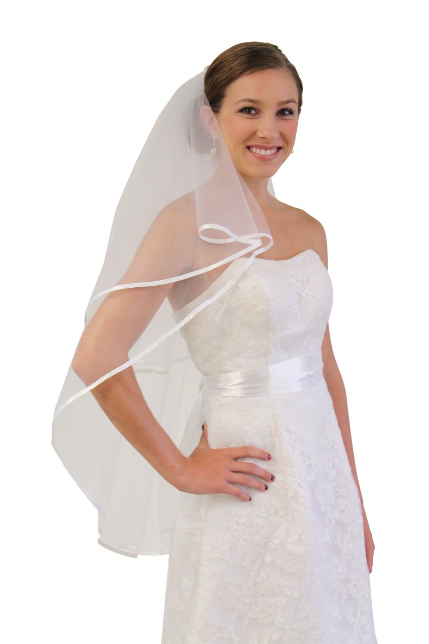 White Wedding Veil Satin Trim 2T 343R