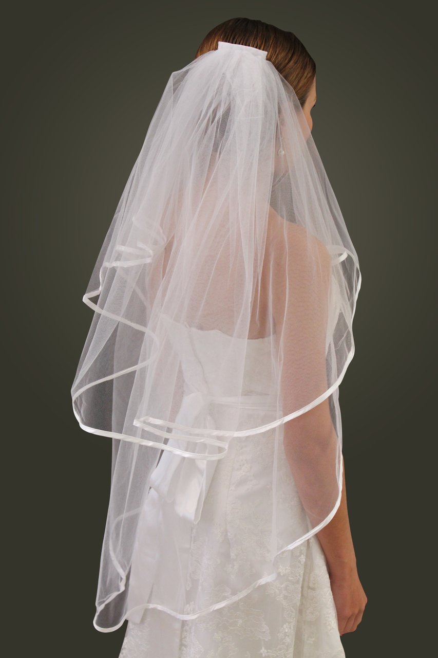 White Wedding Veil Satin Trim 2T #343R