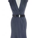 NEW with Tags, Charcoal Gray Deep V-Neck Knee length Dress with Belt