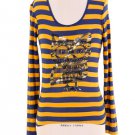 NEW with Tags Blue Yellow Long Sleeve Striped Knit Top with Sequin Owl Design
