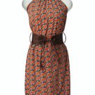 NEW with tags Orange Halter Sexy Backless dress Geometric Print with Belt