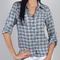 NEW with Tags, Blue Gray Plaid Button down Cotton shirt with Rollup sleeves