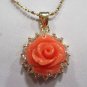 3 color! charm carved flower pink/red coral -turquoise 18KGP pendant free chain