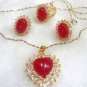 2 colors! fancy red jade heart love pendant & earring ring #7,8,9 set