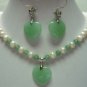 3 color! white pearl & green/purple heart love jade pendant necklace earring set