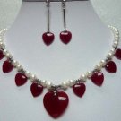 2 color!fancy white/pink pearl &green/red heart jade necklace pendant earrings