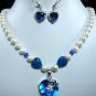 3 color!charm white pearl blue jade necklace +heart blue zircon pendant set