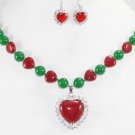 2 color!charm white pearl red/green jade necklace +heart pendant zircon earrings