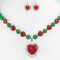 2 color!charm white pearl red/green jade necklace +heart pendant zircon earrings