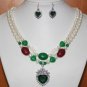 7 color!pearl green jade/black agate necklace + heart zircon pendant earring set