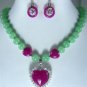 5 color!nice white pearl green/blue/purple jade necklace + heart pendant earring