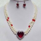 3 color!2 row white pearl & red/pink heart zircon pendant necklace earring set
