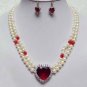 3 color!2 row white pearl & red/pink heart zircon pendant necklace earring set