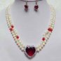 3 color!2 row white pearl & red/pink heart zircon pendant necklace earring set