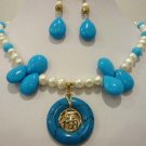 3 color!white pearl turquoise/blue jade necklace +bless lucky pendant /earring