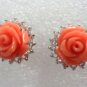 3 colors! charming carved pink/black flower coral bead stud earring free ship