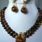 2 colors!2 row 8mm natural tiger eye stone necklace +18KGP pendant clip earrings