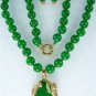 3 colors!noblest green/red jade-white pearl necklace +18KGP pendant earring set
