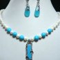 4 colors! charm white pearl & black agate/turquoise necklace pendant earring set