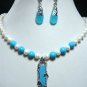 4 colors! charm white pearl & black agate/turquoise necklace pendant earring set