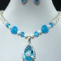 3 colors! nice white pearl & blue/pink jade necklace pendant earring set