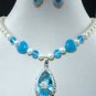 3 colors! nice white pearl & blue/pink jade necklace pendant earring set