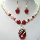 3 colors! white pearl &blue/red/purple jade necklace +zircon pendant earring set