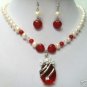 3 colors! white pearl &blue/red/purple jade necklace +zircon pendant earring set