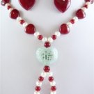 5 colors! charm white pearl & green/red jade heart pendant necklace earring set