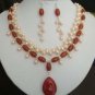 3 color- charm white/pink/yellow pearl & red jade/agate necklace pendant earring