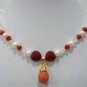 2 colors!7-8mm white pearl & red heart jade necklace 17" &pink/red shell pendant