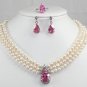 3 color- white pearl necklace & pink/red/blue zircon pendant earring ring set