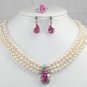 3 color- white pearl necklace & pink/red/blue zircon pendant earring ring set