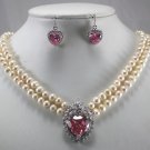 2 color-2 row 7-8mm white pearl & heart pink zircon pendant necklace earring set