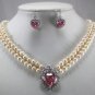 2 color-2 row 7-8mm white pearl & heart pink zircon pendant necklace earring set