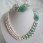 3 color-3 row 6-7mm white pearl & pink coral/green jade necklace bracelet set