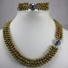 4 color-3 row 6-7mm black/green/brown pearl shell clasp necklace bracelet set