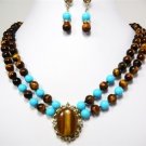 3 color- noblest 2 row tiger eye stone/turquoise necklace pendant earring set