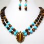 3 color- noblest 2 row tiger eye stone/turquoise necklace pendant earring set