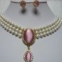 7color! 3 row white/pink/black pearl necklace & green/pink/blue opal pendant set